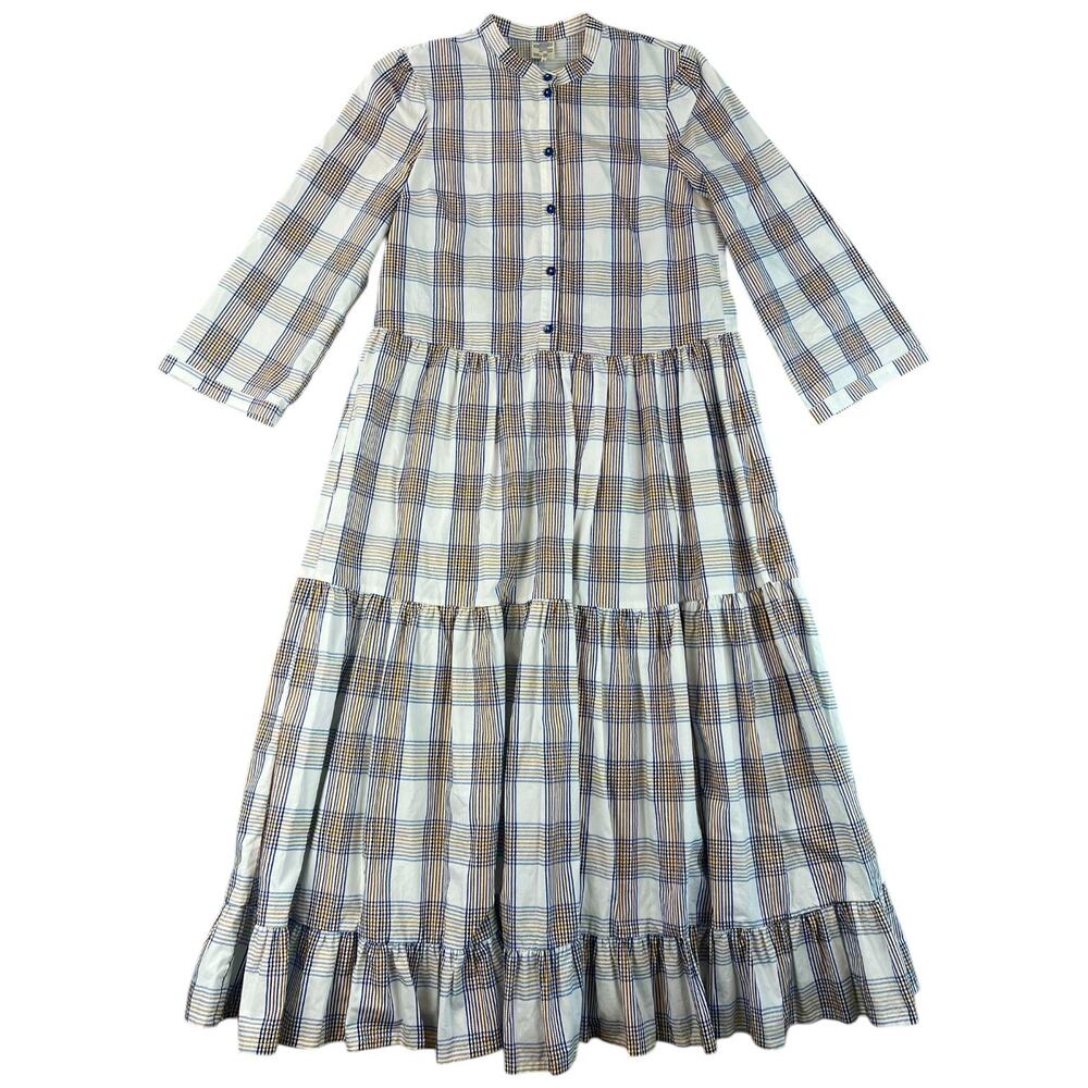 Baum und Pferdgarten Plaid Tiered Midi Dress Organic Cotton Blue Brown - US 2/XS